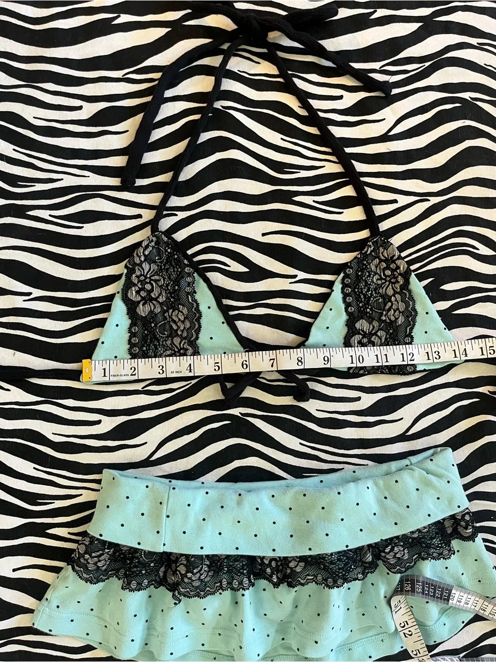 Teal polka dot mini skirt and bikini top set